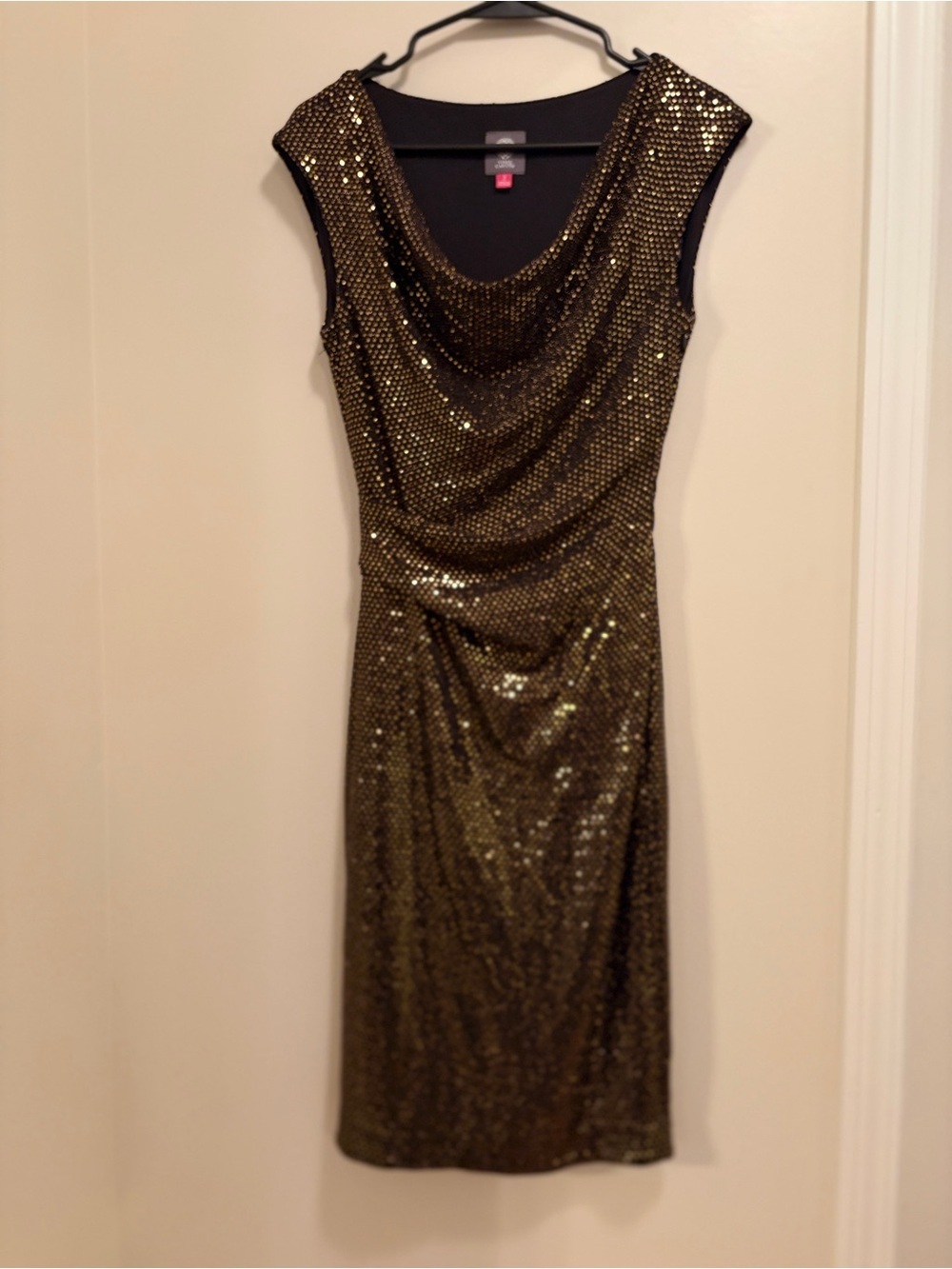 Vince Camuto Black and Gold Sequin Cowl Midi Dress